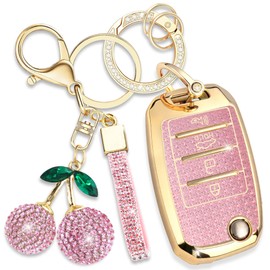 Rayslesan Sparkly Key Fob Cover with Cherry Keychain, TPU Smart Key Case for Women, Compatible with Kia Soul Sorento Carens Optima Rio Sportage Forte Picanto Sedona Niro FE (4-Button, Gold Pink)
