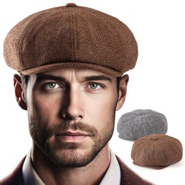 LADYBRO 2 Pack 8-Panel Newsboy Hats for Men Cabbie Hat Cap Wool Blend Tweed Irish Hat Adjustable, Brown+grey 2pack, Large-X-Large