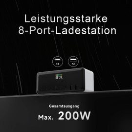 ISDT MASS2 200 W USB C Charger, 8-Port Fast Charger, Multiple Power Supply with Alarm Function and Timed Charging, for MacBook Pro/Air, iPhone 17/16/15, iPad, Galaxy, Pixel etc. (6 C Port + 2 A Port)