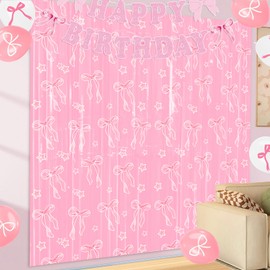 Ertyjikg Pink Bow Party Decorations, 2 Pack Pink Bow Foil Fringe Curtains, Bow Coquette Birthday Decorations Supplies, 3.3 x 6.6ft Pink Streamer Pink Bow Backdrop Decor for Girls