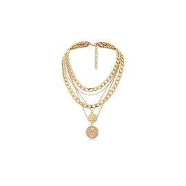 GAUEIOUR Punk Chunky Chain Necklace,Multi Layered Engraved Coin Alloy Pendant Necklace, Round Hip Hop Pendant Necklace,Exaggerated Cuban Necklace, Thick Collar Jewelry For Women(Golden)