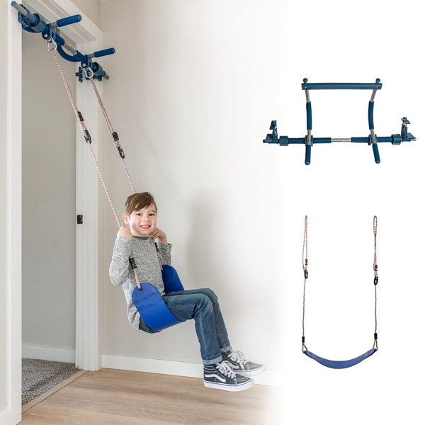 Gym1 2-Piece Deluxe Indoor Doorway Swing & Pull-Up Bar Set for Kids & Adults | Professional Grade Steel Holds Upto 300 Lbs | 2 in 1 Set for Indoor Fun & Fitness - Blue