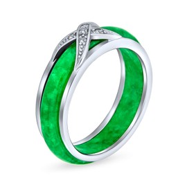 Pave CZ Accent Criss Cross Cubic Zirconia X Kiss Dyed Green Jade Band Ring For Women For Girlfriend .925 Sterling Silver