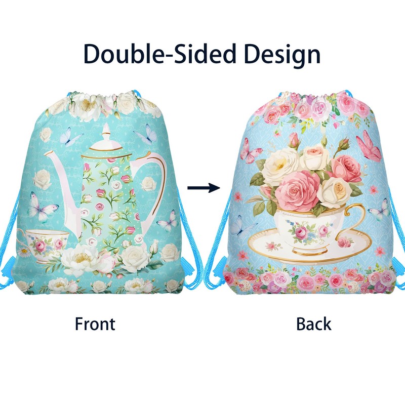 12 Pcs Tea Party Drawstring Bag Set, Colorful Floral Non-Woven