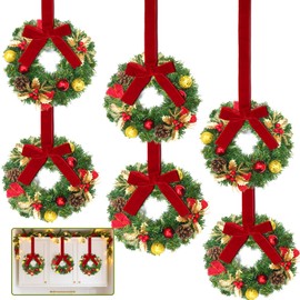 6 Pcs 10 Inch Small Christmas Wreath for Cabinets Mini Christmas Wreath with Gold Red Balls Holly Pine Tips Pinecone Berried Red Bow Outdoor Christmas Wreaths for Windows Wall Kitchen Stair Home Decor