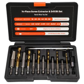 UYECOVE 14PCS Spiral Screw Extractor Set with Tungsten Carbide Tip Scriber Pen, Left Hand Drill Bits Set 6542/4341 HSS Steel Cobalt with 1/4'' Adapter, Removing Stripped Screws Bolts