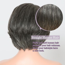 BAOHUKE Salt And Pepper Grey Human Hair Wigs Glueless Straight Grey Pixie Wig Human Hair 5x5 Closure Pre Cut HD Lace Pre Plucked Hairline Gray Short Bob Wigs for Black Women 8 Inch