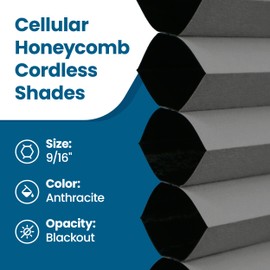 BlindsAvenue Cellular Honeycomb Cordless Shade, 9/16" Single Cell, Blackout, Anthracite, Size: 36" W x 72" H
