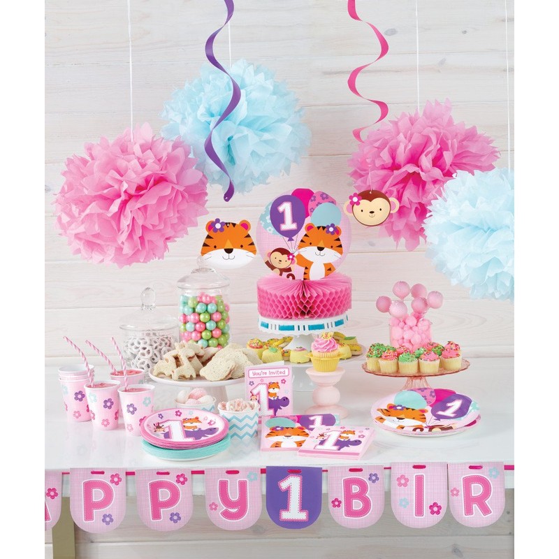 Creative Converting 324616 Border Print Plastic Tablecover, One is Fun-Girl