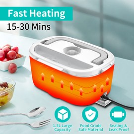 CHARMDOO Electric Lunch Box, Food Warmer Heater 12V 24V 110V, 80W Faster Heated Lunch Box for Car/Truck/Home Portable Heating Boxes with 1.5L 304 SS Container Fork & Spoon, White+Gray
