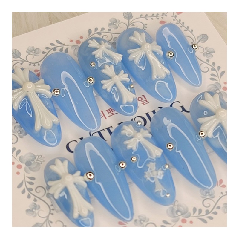 Blue Serenity Cross Handmade Nail Tips - Square S /