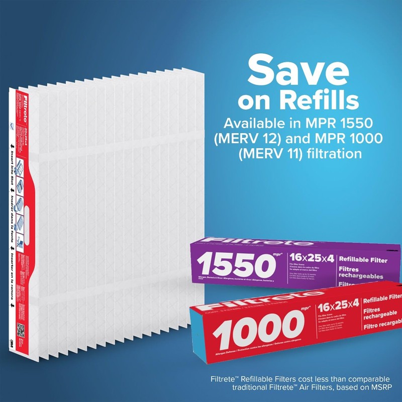 Filtrete 16x25x4 Refillable Air Filter replacement, MPR 1000, MERV 11,