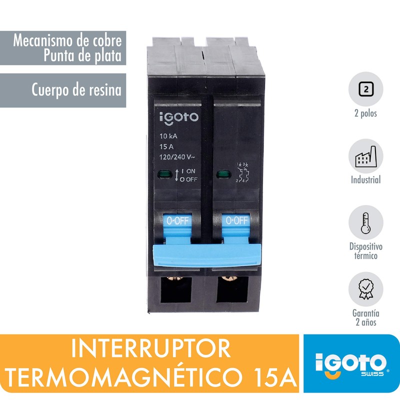 iGOTO IN2001 Interruptor Termomagnetico, 2 Polos, 15A
