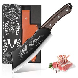 Plys Meat Cleaver Knife 8", Dragon Butcher Knife, High Carbon Steel Kitchen Knife with Leather Sheath, Razor Sharp Chopper for Kitchen Outdoor Camping BBQ, Gift for Man and Women