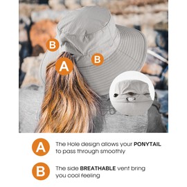 FURTALK Sun Hats for Women with Ponytail Hole Womens Wide Brim Beach Bucket Hats UPF 50+ Fishing Hiking Outdoor Hats Grey