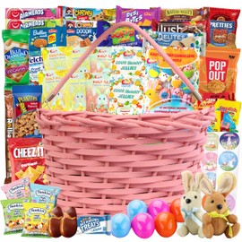 Easter Pink Oval Willow Basket (70 ct) Filled with Treats, Snacks, Candy, Peelable Gummies, Marshmallow Gummies, Bunny and More, Great Package for Family, Friends, Boys and Girls