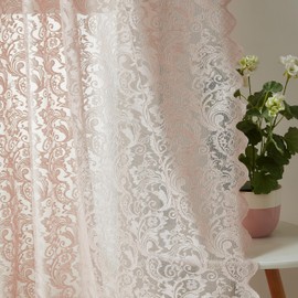 Bujasso Pink Sheer Lace Curtains 54 inch Victorian Short Curtain Panels for Kitchen Living Room Bedroom Elegant Light Filtering Pink Drapes Window Treatment Sets Grommet Top 2 Panels 54" Wx54 L