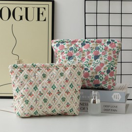 Quilted Makeup Bag, Cute Floral Cosmetic Bag for Women, Cotton Make Up Bag, Flower Travel Toiletry Bag Organizer Large