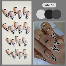 TBRZTR French Tip Press on Nails Long Length Leopard False Nails Full Cover Coffin Nails Almond Shaped Leopard Stick on Nails Acrylic Artificial Nails Glossy Glue on Nails for Women Manicure Kit 24Pcs