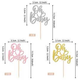 24 piezas de adornos para cupcakes de Oh Baby Shower con purpurina, para baby shower, diseño de género, baby shower, niños, fiestas, cumpleaños, decoración de pasteles, color azul, dorado, plateado