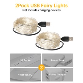 Blingstar USB Powered Fairy Lights, 2 Pack 33Ft 100 LED, Flexible Silver Wire, Mini String Lights for Christmas Tree/Bedroom/Camping/Holiday Indoor Decoration, Warm White