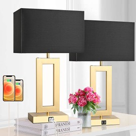 22'' Black&Gold Lamps for Bedrooms Set of 2, Touch Control Table Lamps with USB Ports, 3-Way Dimmable Bedside Nightstand Lamps, Modern Table Lamps for Living Room End Table, LED Bulbs Included