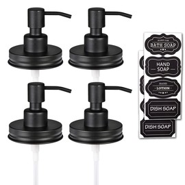 Amolliar Mason Jar Liquid Soap Dispenser Pump Lid, Stainless Steel Pump for 16oz Regular Mouth Jar, Rustic Farmhouse Decor, Kitchen Hand Soap, Dish Soap, Lotion Soap, Black 4 Pack, Extra 2 Long Tubes