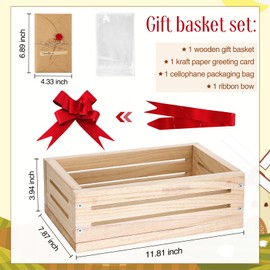 Wonderjune Wooden Gift Basket Set with Gift Bags Ribbons Greeting Cards, Empty Basket 11.81 x 7.87 x 3.94 in Empty Decorative Gift Chest Box for Gifts to Give to Others Christmas Gift (Wood Color)