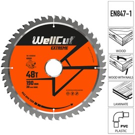 WELLCUT TCT Saw Blade, Circular Saw Blade, 190mm x 48T x 30mm Bore Suitable for 5703R, DWE576, Wood, Wood with Nails, Laminate, Plastic