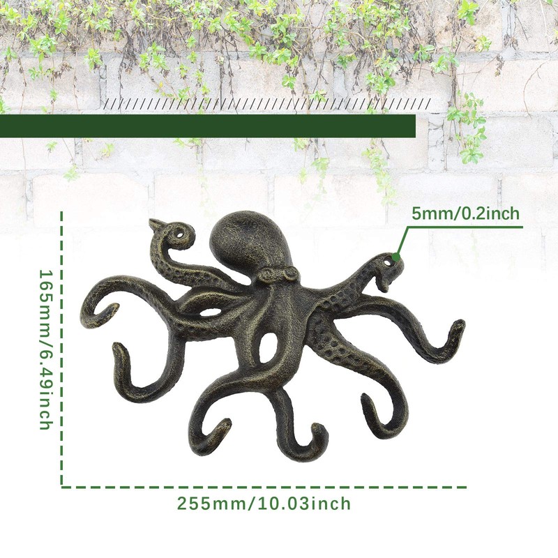 Bronze Octopus Coat Hook with 6 Tentacle Hooks Cast Iron