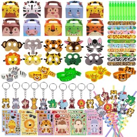 DOEA 122 PCS Jungle Safari Party Favors Set for Kids,Wild Animals Theme Party favors Birthday Gifts Masks Keychains Gift Boxs Goodie Bag Fillers Jungle Safari Party Supplies for Kids