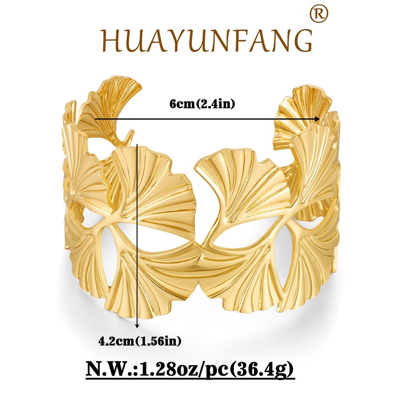 HUAYUNFANG Gold Chunky Cuff Bangle Bracelet For Women Ginkgo Leaf