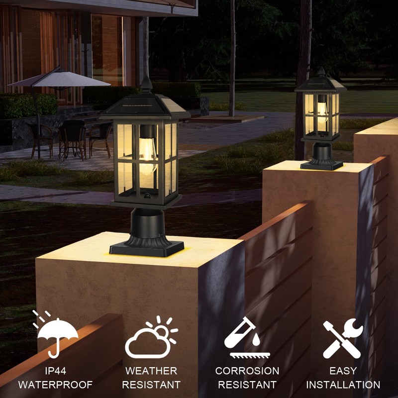 Diyel Solar Outdoor Post Light Fixture, Dusk to Dawn Exterior