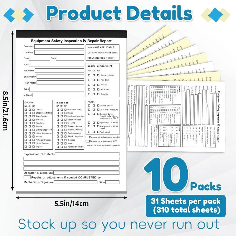 10 Pack 5.5" x 8.5" Equipment Safety Inspection Report Detailed