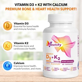 Veetify Vitamin D3 (5000 IU) and K2 (100 mcg) with Calcium - 60 Veggie Capsules