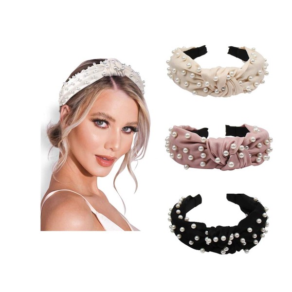 Pearl Headbands Knotted Headbands for Women 3 Colors Knot Turban Headband Fashion Hair Bands Wide Headbands (black+white+pink)