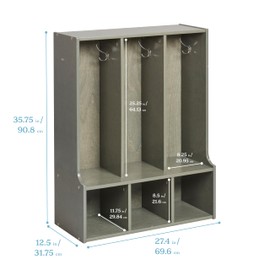 ECR4Kids Streamline 3-Section Toddler Coat Locker with Bench, Kids Furniture, Grey Wash