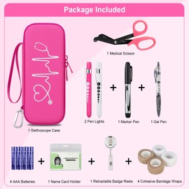 BOVKE Stethoscope Case Nurse Tool Sets Contains Stethoscope Case, Medical Scissors, 2 Penlights, Bandage Wraps, Name Card Holder, 15Pcs Nursing School Essentials for Nurse Work, Raspberry