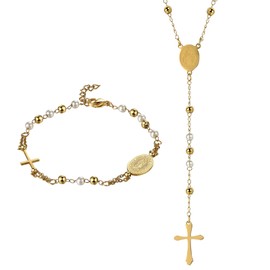 Aroncent Rosary Bracelet Necklace Set: Virgin Mary Medal Gold Beaded Cross Bracelet and Necklace - Religious Prayer Jewelry Set for Women