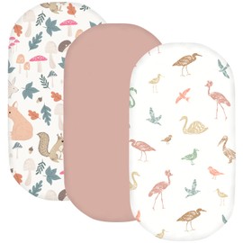 Little Grape Land Bassinet Sheet, 3 Pack Bassinet Sheets for Girls, Soft Baby Bassinet Fitted Sheets for Bassinet Mattress, Size 33 x 18 x 4 Inches, Wetland Birds/Squirrel/Mauve