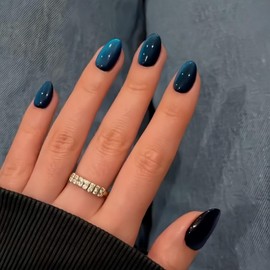 SXVME Soft Gel Press on Nails Short Oval, 30 Pcs Dark Blue Cat Eye False Nails Short Almond, Sparkly Glitter Black Fake Nails Set, Reusable Shiny Bling Stick on Nail for Women Holiday Decoration