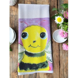 Decorative Kitchen Dish Towel with Cute Bee Design, Waffle Weave