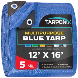 TARPONIX Better Blue Poly Tarp 12’ x 16’ – Lightweight 5 Mil Waterproof Cover – Durable, Weatherproof, Multipurpose Protection for Camping, Roofing, Construction