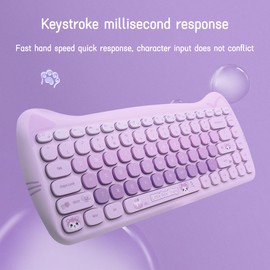 Cute Cat 2.4G USB Wireless Keyboard and Mouse Combo, Typewriter Flexible Keys, Candy Colors, Compatible with Notebook, PC (Purple -A)