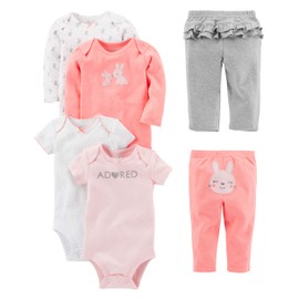 Simple Joys by Carter's Baby Girls' 6-Piece Bodysuits (Short and Long Sleeve) and Pants Set, Multicolor/Bunny/Dots/Text Print, 0-3 Months
