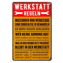 Retro Tin Sign "Werkstatt Regeln", 20 x 30 cm, Metal Decoration with Sayings for Workshop and Garage, Vintage Design