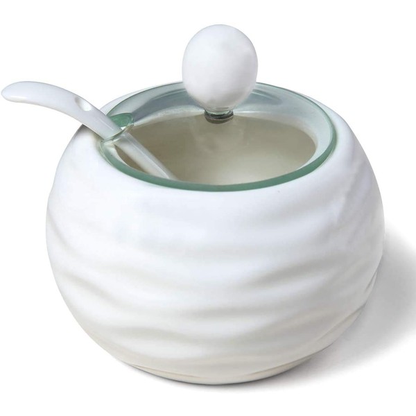 Chase Chic Ceramic Sugar Bowl, Modern Porcelain White Sugar Bowl with Clear Lid and Spoon, 8.8oz/250ml Sugar Pot Suit for Coffee Bar, Restaurant, Kitchen and Home Breakfast
