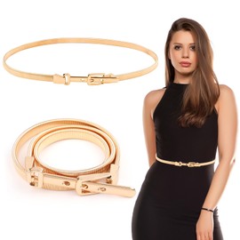 Sopoloray 1Pcs Women's Skinny Metal Waist Belt,Elastic Rhinestone Chain Belt for Dresses,Adjustable Shiny Gold Waistband for Wedding,Party,Formal,Casual Outfits