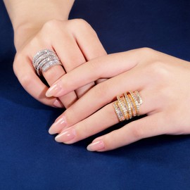 MDFUN 4 Rows Emerald Cut Cubic Zirconia Rings 18K Yellow Gold Plated Engagement Promise Wedding Ring Baguette Ring for Women Size 8.5