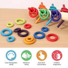 WODI Sorting Helper Tree Holder Building Rings Rainbow Wooden Montessori Toys for Kids, Multicolored Wooden Ring Toy Colourful Stacking Ring Tree-Build Skills, Color Recognition (Rainbow)